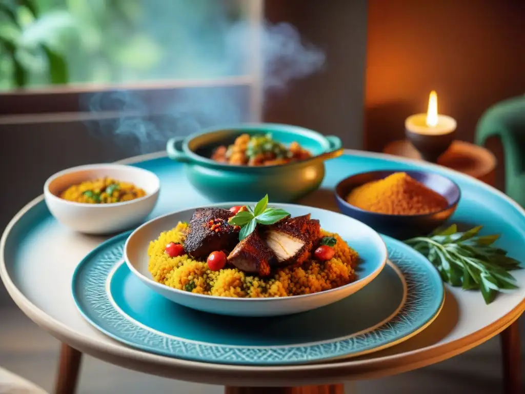 Una mesa de cena gourmet con platos africanos exquisitos y coloridos