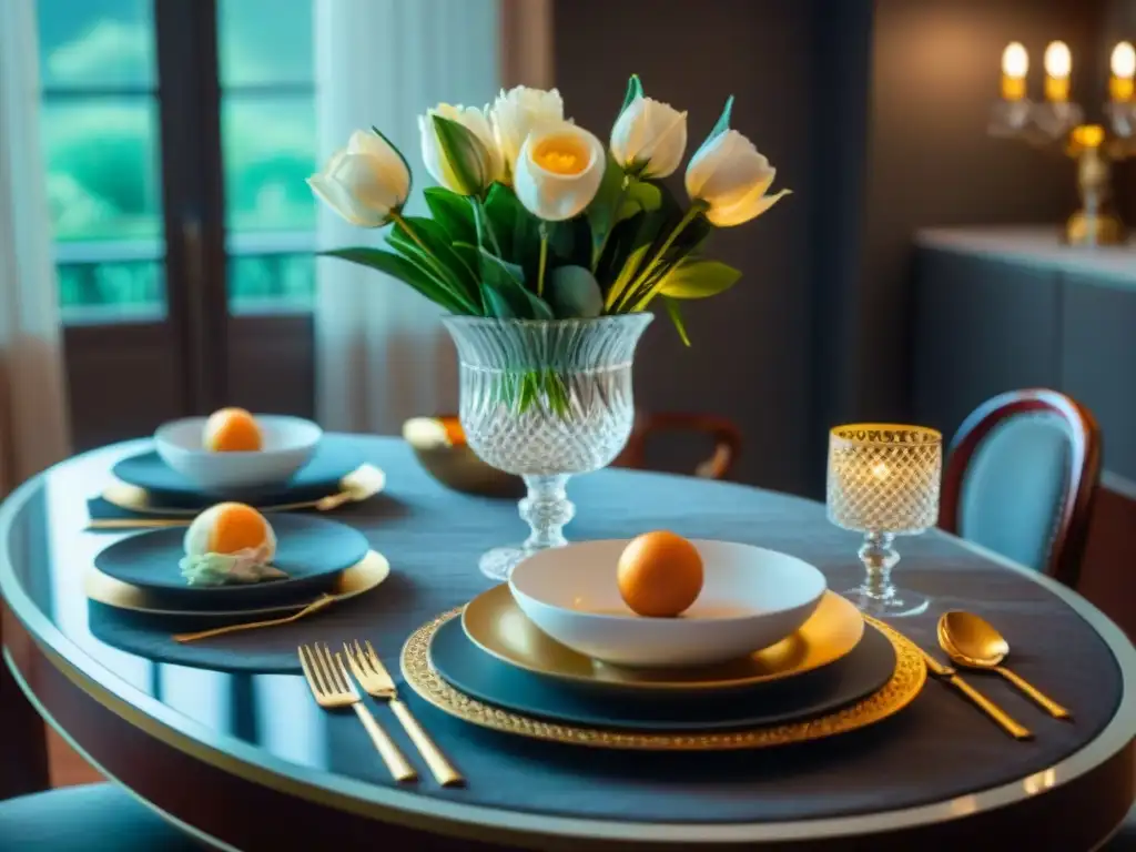 Una mesa de cena lujosa con vajillas de lujo para cena gourmet y delicados detalles florales en un ambiente sofisticado