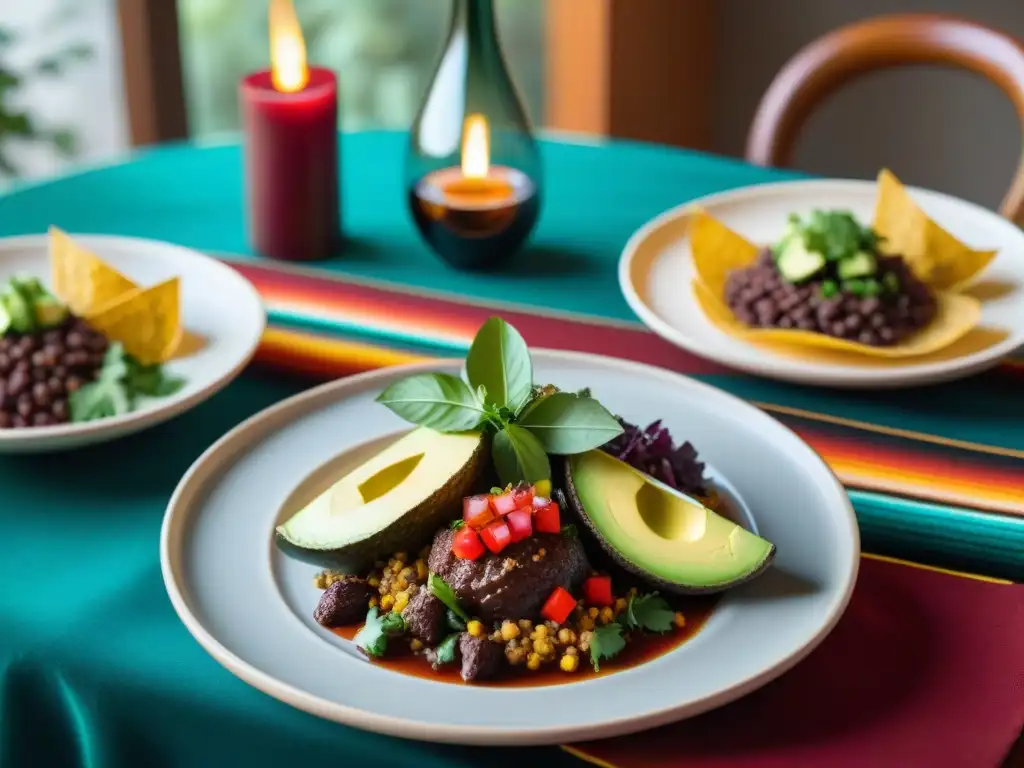 Una mesa de cena mexicana fusión exquisitamente decorada con vinos para cena mexicana fusión