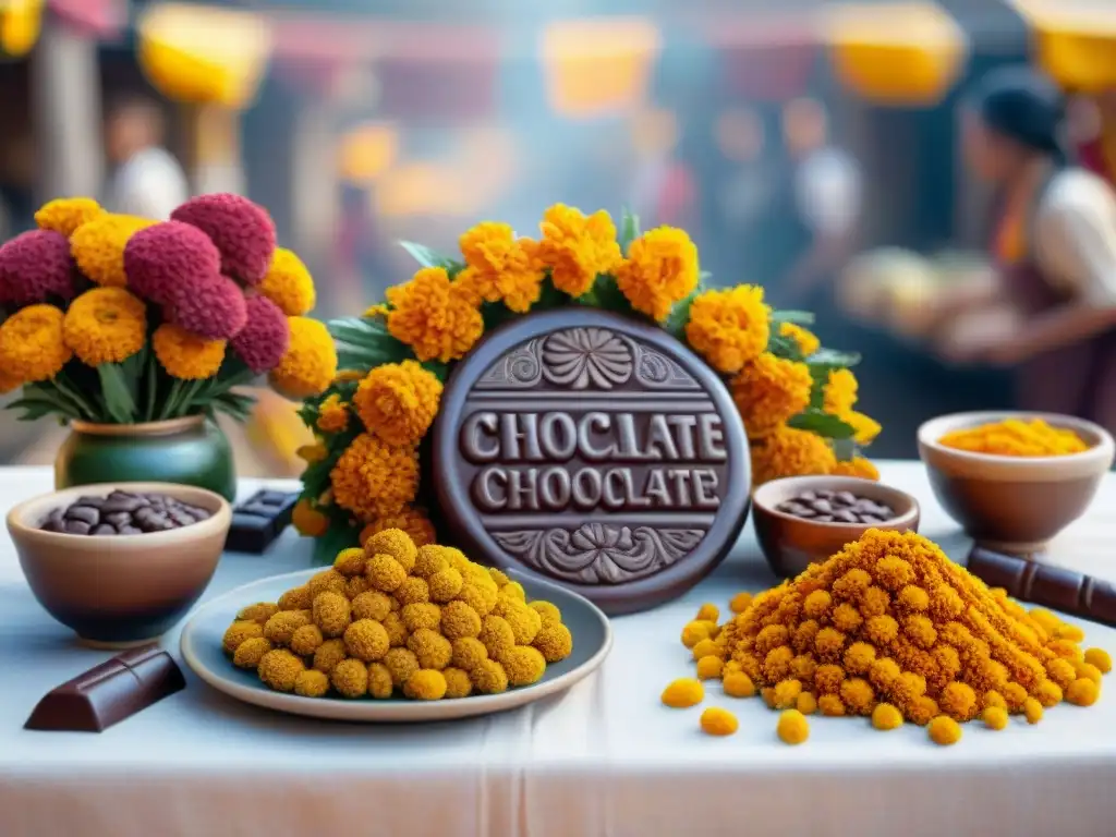 Una mesa ceremonial mesoamericana cubierta de cacao, flores y tocados de plumas en un bullicioso mercado azteca