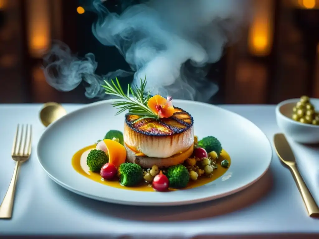 Una mesa de chef meticulosamente decorada con exquisitos platillos en un restaurante de alta gama