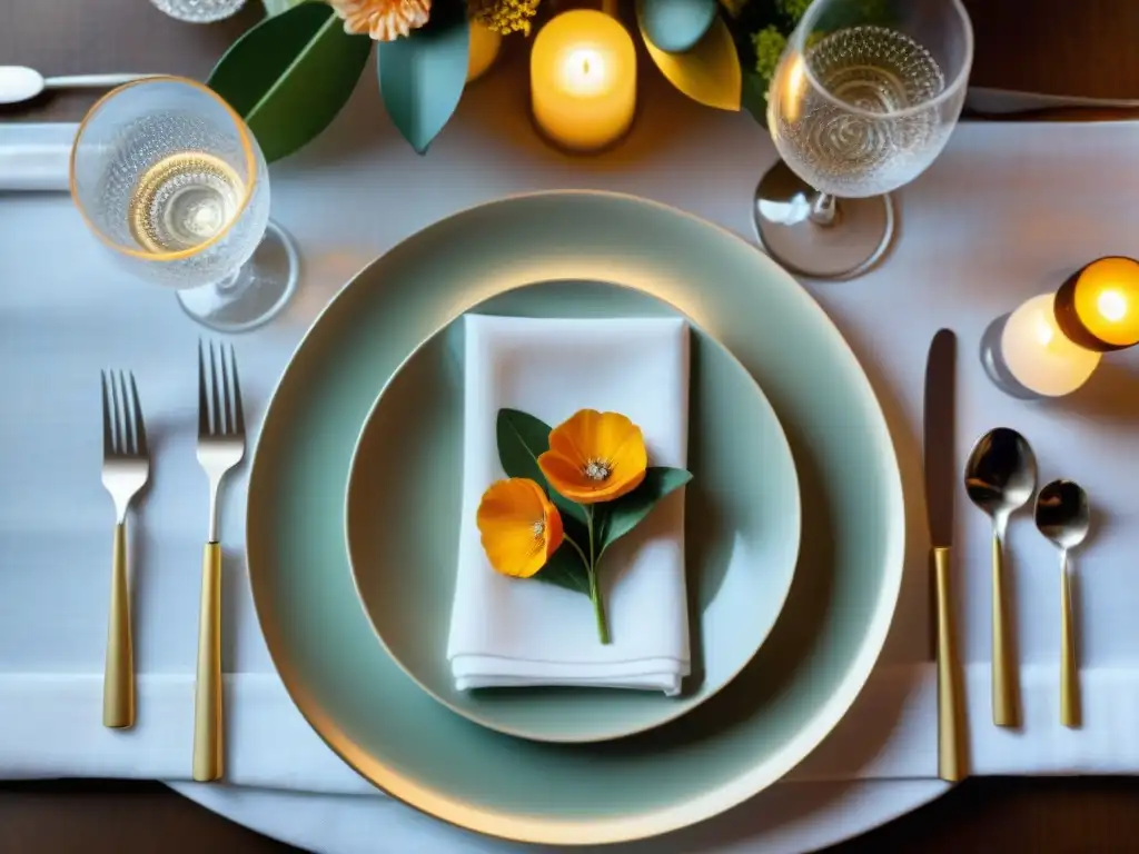 Una mesa de comedor elegantemente decorada para una cena temática gourmet, con vajilla de cristal y cubiertos de plata brillante