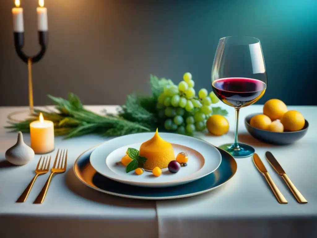 Una mesa de comedor finamente decorada con exquisitos platos y copas de vino, creando un ambiente sofisticado