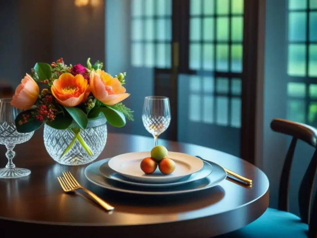 Una mesa de comedor elegantemente decorada con fina vajilla, cristalería y cubiertos, y centros florales vibrantes