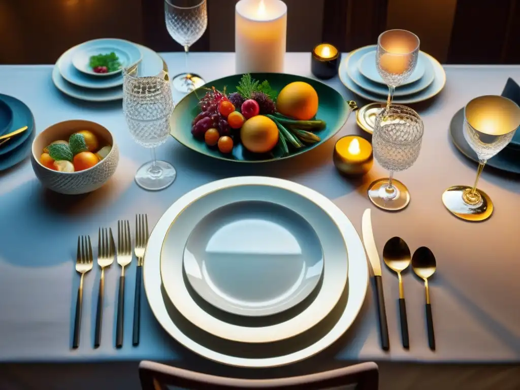 Una mesa de comedor exquisitamente decorada con platos y cubiertos brillantes, resaltando el impacto de la luz en gastronomía