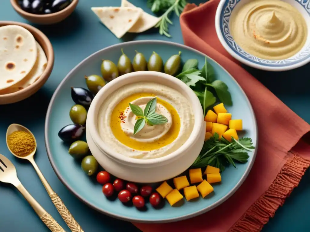 Una mesa de comedor bellamente decorada con temática del Medio Oriente, exudando sofisticación y delicias culinarias