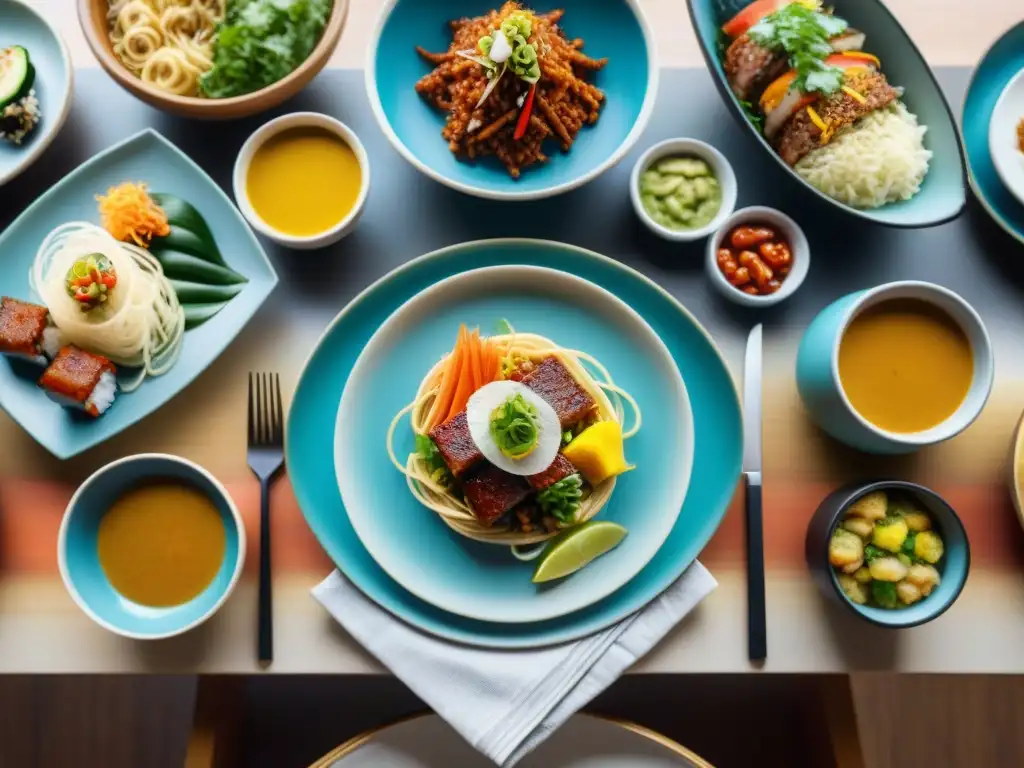 Una mesa de comedor exquisitamente detallada y vibrante, fusionando platos étnicos de diferentes culturas