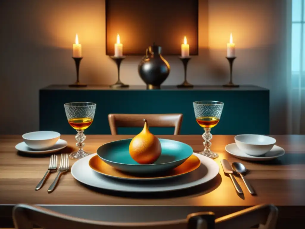 Una mesa de comedor elegantemente dispuesta en una habitación tenue, resaltando el impacto de la luz en gastronomía