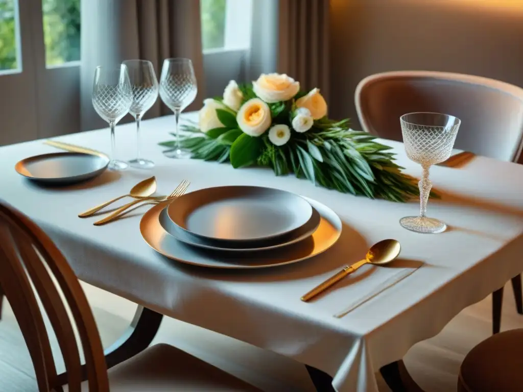 Una mesa de comedor elegante con elementos tradicionales y modernos fusionados armoniosamente