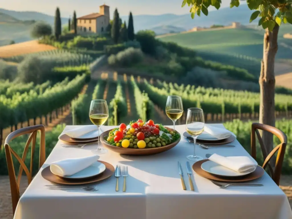 Una mesa de comedor elegante entre olivares y viñedos en las colinas de la Toscana