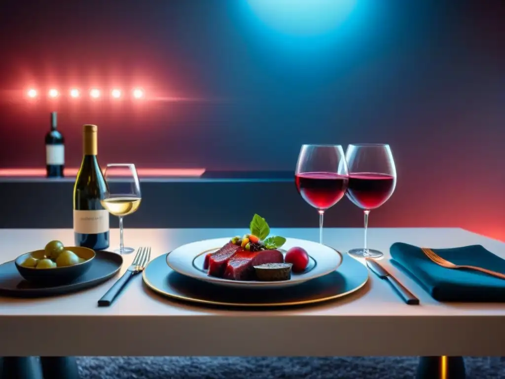 Una mesa de comedor futurista y lujosa con maridaje de vinos y carne gourmet en un escenario moderno y tecnológico