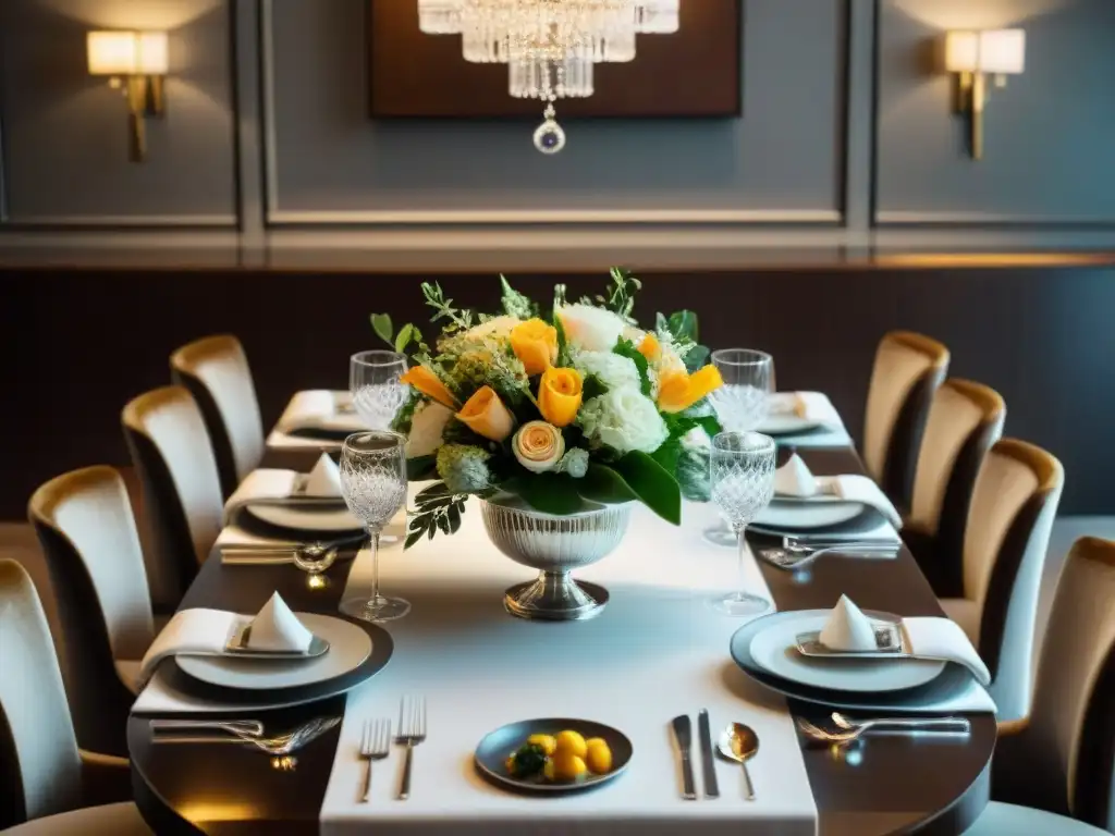 Una mesa de comedor lujosa, con cubiertos de plata y copas de cristal, decorada con arreglos florales frescos