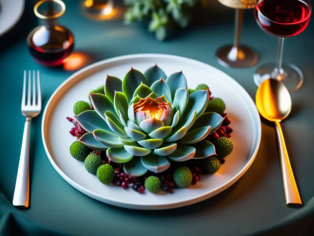 Una mesa de comedor lujosa con un exquisito plato de carne cultivada, destacando el sabor y la textura, ideal para entusiastas de la alta gastronomía