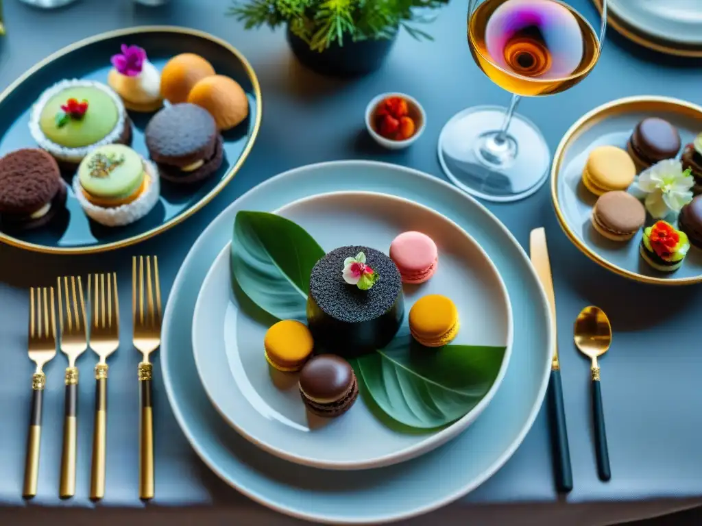 Una mesa de comedor lujosa con platos gourmet de todo el mundo, creando una atmósfera de gastronomía gourmet para exploradores
