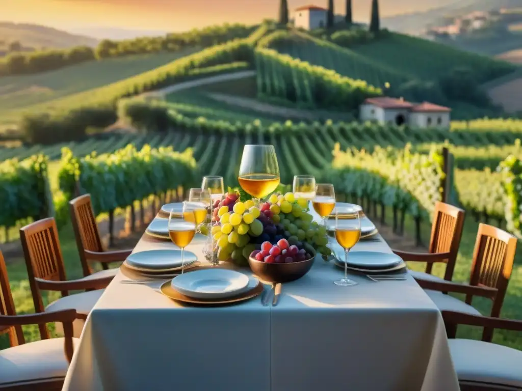 Exquisita cena gourmet en viñedo al atardecer Una mesa de comedor lujosa en un viñedo al atardecer con Retiros gastronómicos innovación tradición