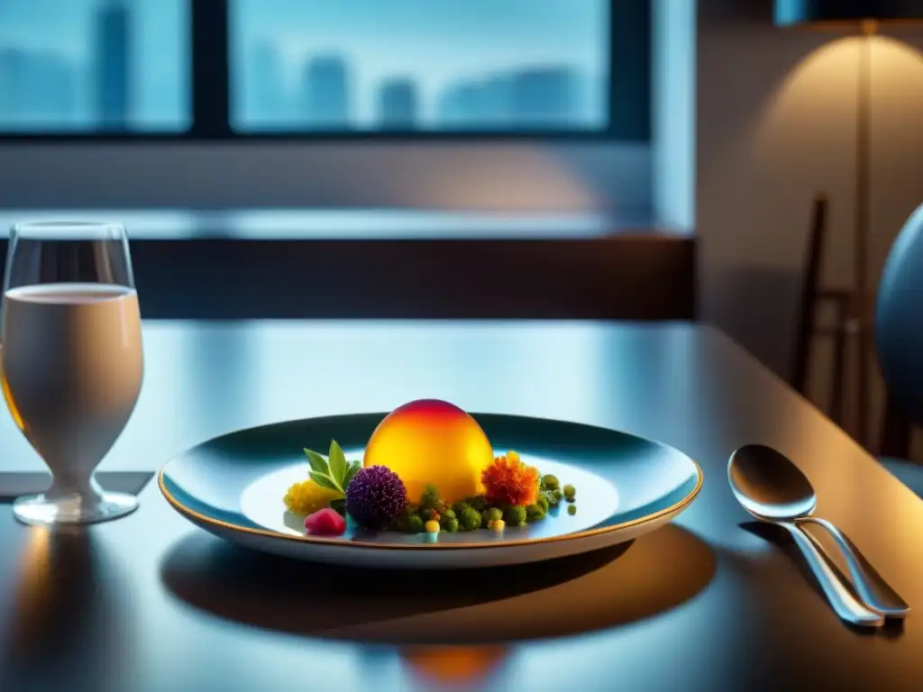 Una mesa de comedor moderna y elegante con técnicas innovadoras de presentación de alimentos en platos vibrantes y detallados