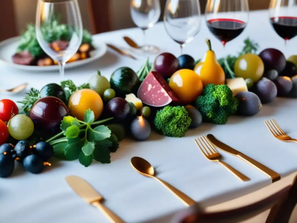 Mesa de lujo: vino tinto, comida orgánica y elegancia Una mesa de comedor elegantemente preparada con vinos orgánicos maridaje perfecto y exquisitos platos orgánicos