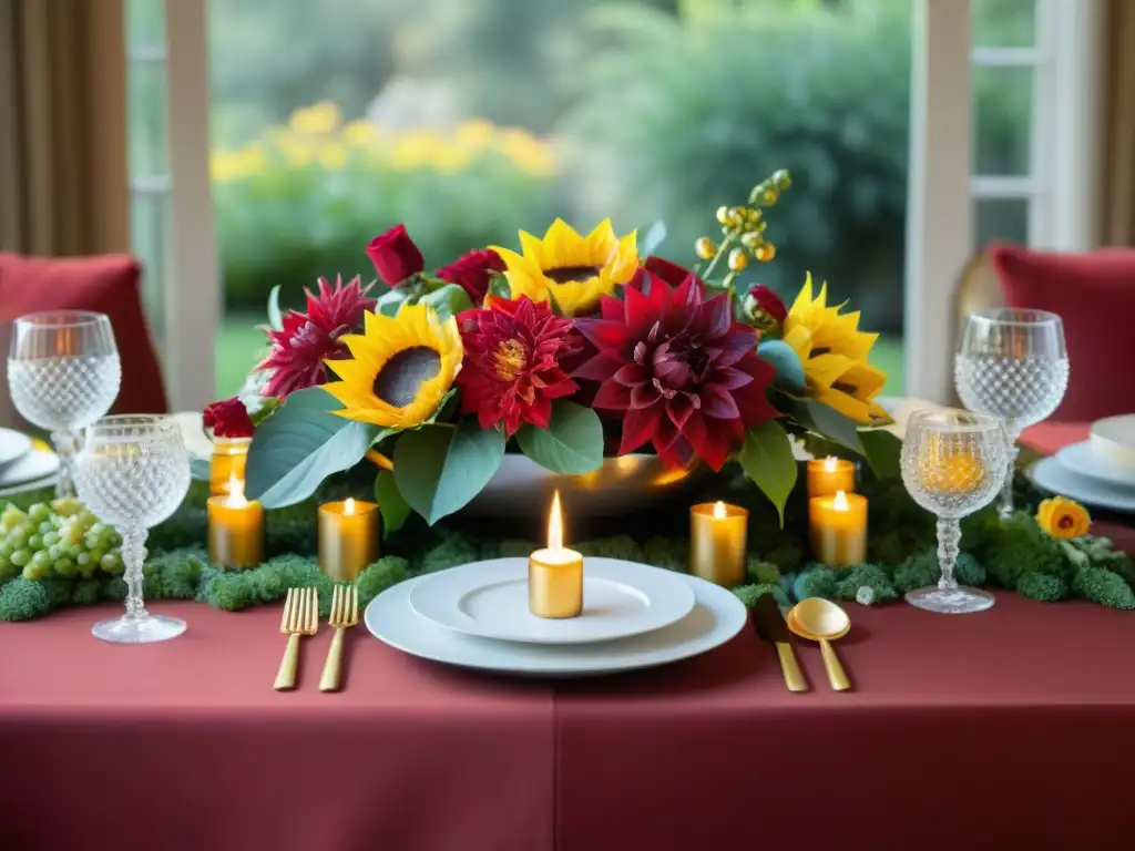 Una mesa elegantemente decorada con arreglos florales vibrantes en tonos rojos, naranjas y amarillos, en un jardín soleado