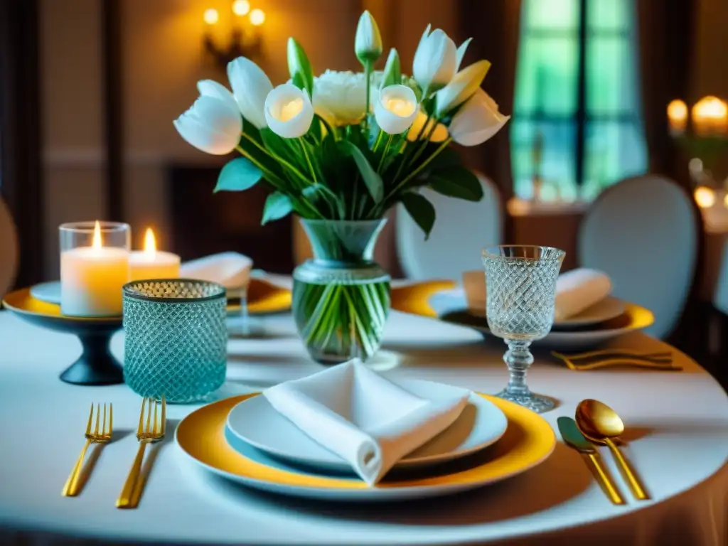 Exquisita mesa de comedor para cena formal con lujo y elegancia Una mesa elegantemente decorada para una cena formal, con fina vajilla, cristalería y cubiertos, rodeada de arreglos florales y luz de velas suave