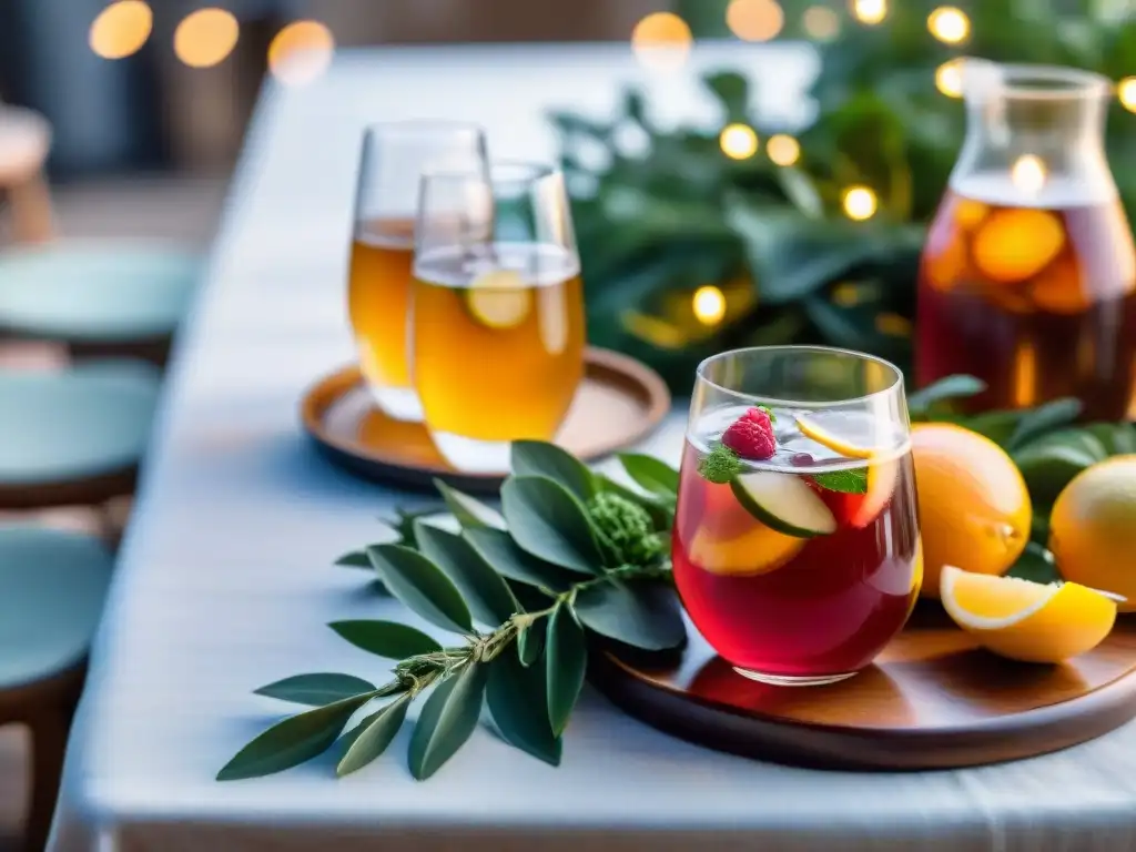 Una mesa elegantemente decorada con copas de kombucha coloridas y adornos naturales, ideal para incorporar kombucha en eventos sociales