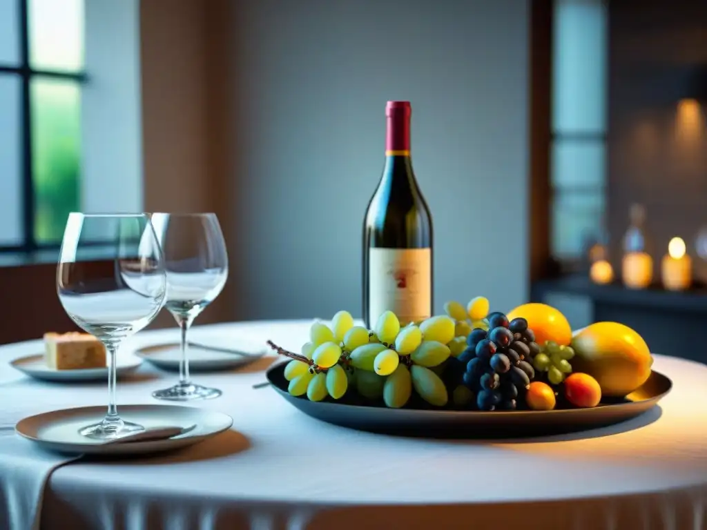 Una mesa elegantemente decorada con copas de vino, platos variados y botellas de vino de distintas regiones