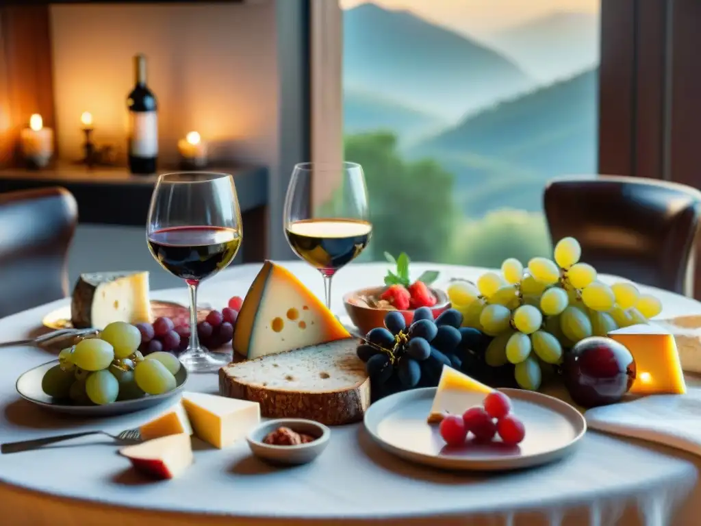 Una mesa elegantemente decorada con copas de vino y exquisita comida, ideal para un maridaje perfecto comida vinos