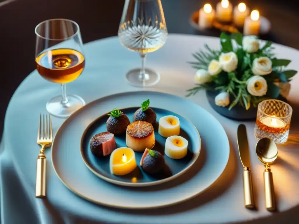 Una mesa elegantemente decorada con copas de whisky, platillos gourmet y velas, ideal para un maridaje whisky comida gourmet