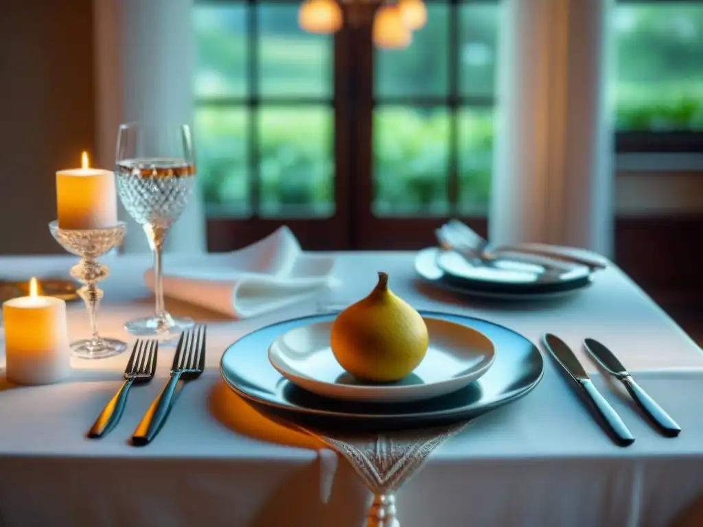 Una mesa elegantemente decorada con cubiertos refinados, cristalería brillante y mantelería blanca impecable