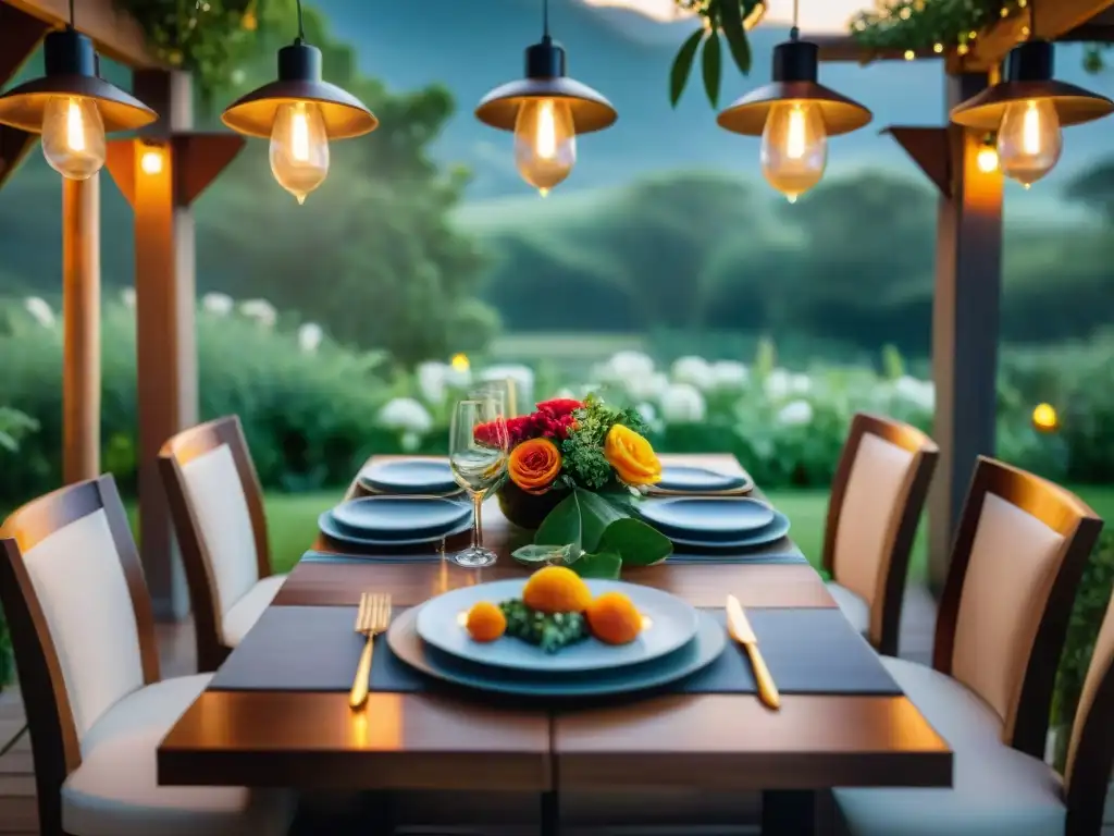 Una mesa elegantemente decorada con delicias veganas en un entorno lujoso al atardecer