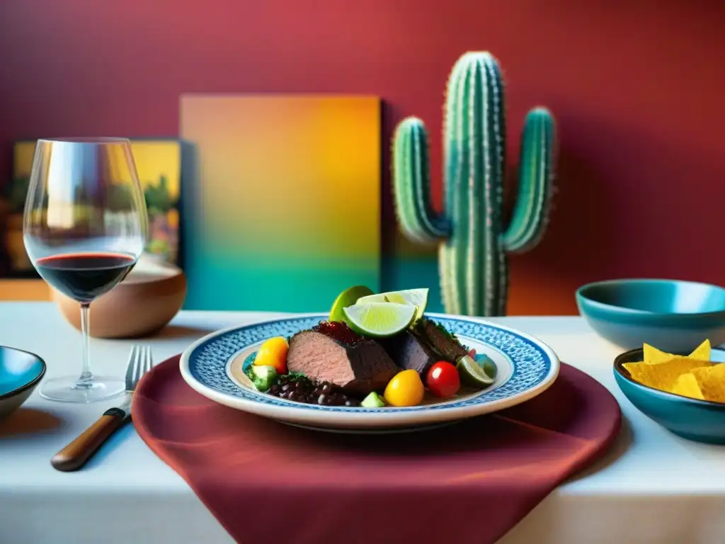 Una mesa exquisitamente decorada con elementos mexicanos e internacionales, perfecta para vinos para cena mexicana fusión