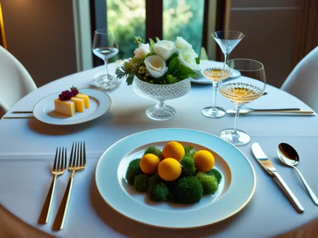 Una mesa elegantemente decorada con exquisitos platillos, cristalería fina y arreglos florales frescos