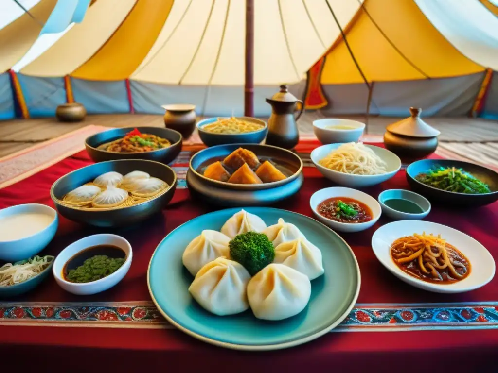 Una mesa decorada con un festín tradicional mongol: buuz, khuushuur, tsuivan y airag en platos ornamentados dentro de un acogedor ger