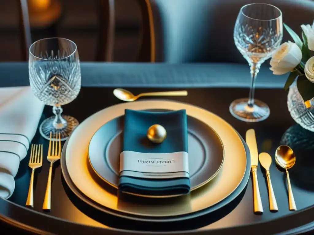 Mesa de comedor elegante con fina vajilla y centros florales lujosos Una mesa elegantemente decorada con fina vajilla, cristalería, cubiertos de plata y un centro floral