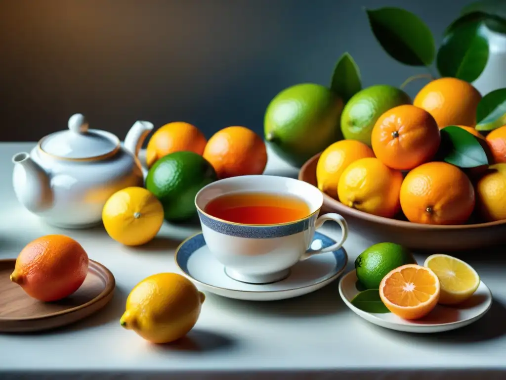 Una mesa bellamente decorada con frutas cítricas vibrantes y teteras, perfecta para maridaje de té con platos ácidos