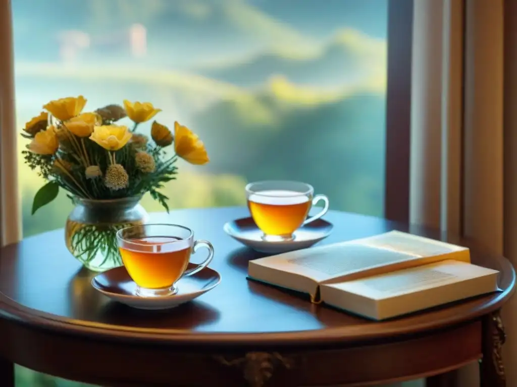 Una mesa delicadamente decorada con tés de hierbas gourmet beneficios, flores frescas y libros antiguos