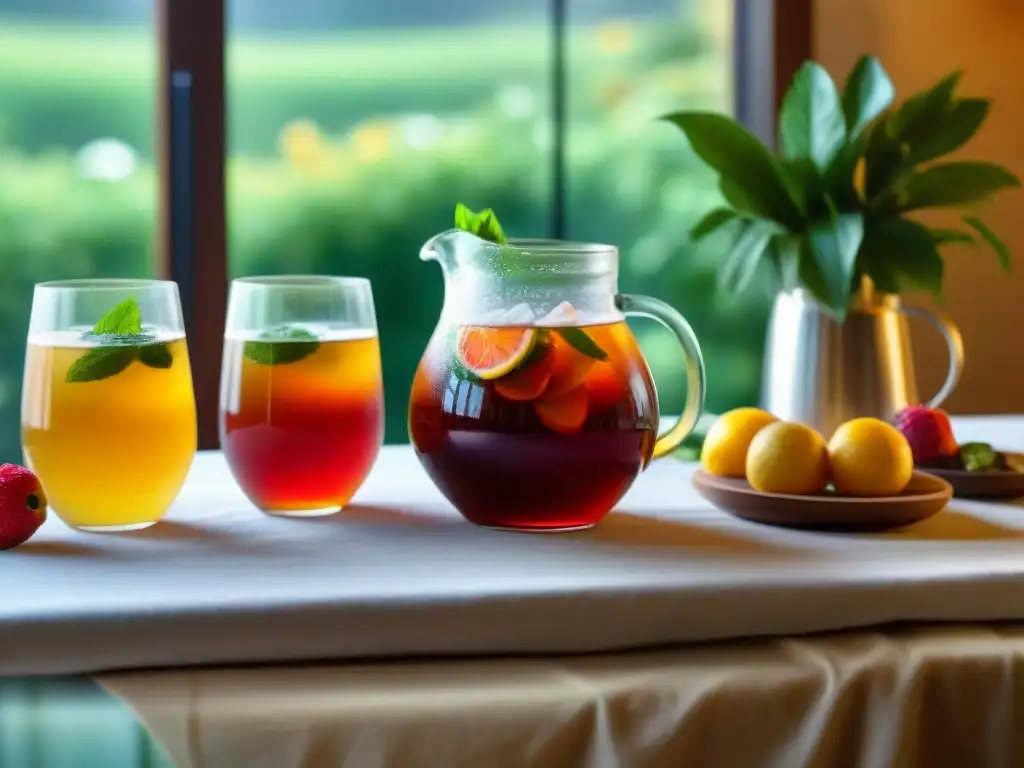 Una mesa exquisitamente decorada con jarras de kombucha, frutas frescas y verdor, ideal para incorporar kombucha en eventos sociales