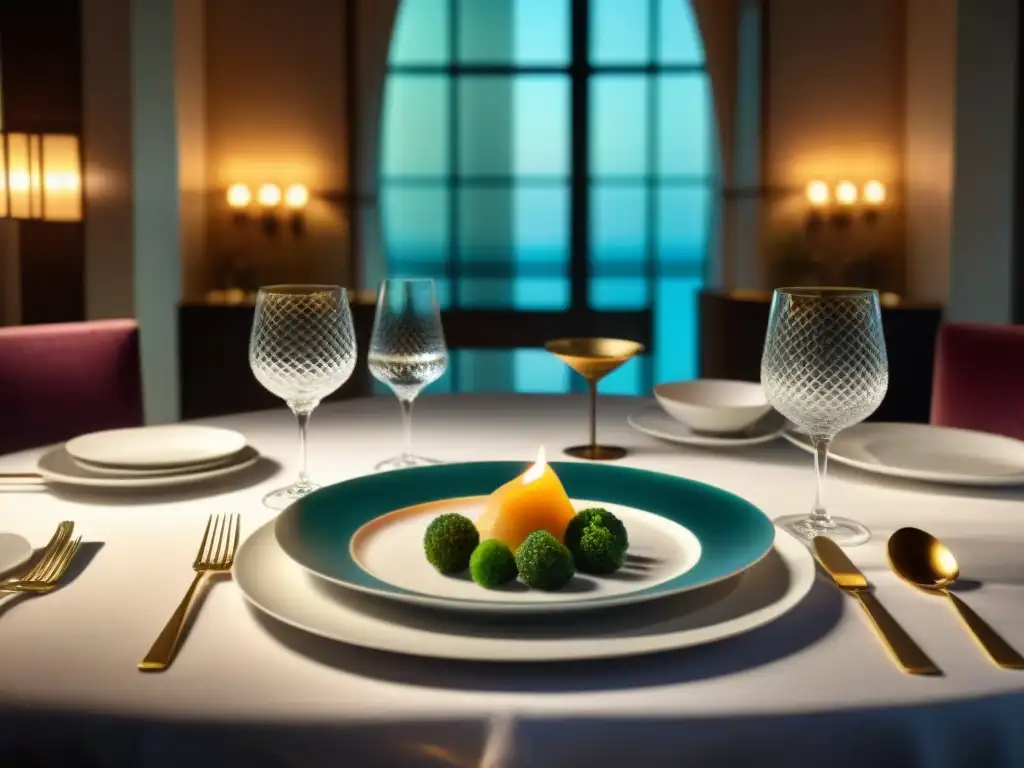 Una mesa elegantemente decorada en un lujoso comedor de hotel, iluminada por velas