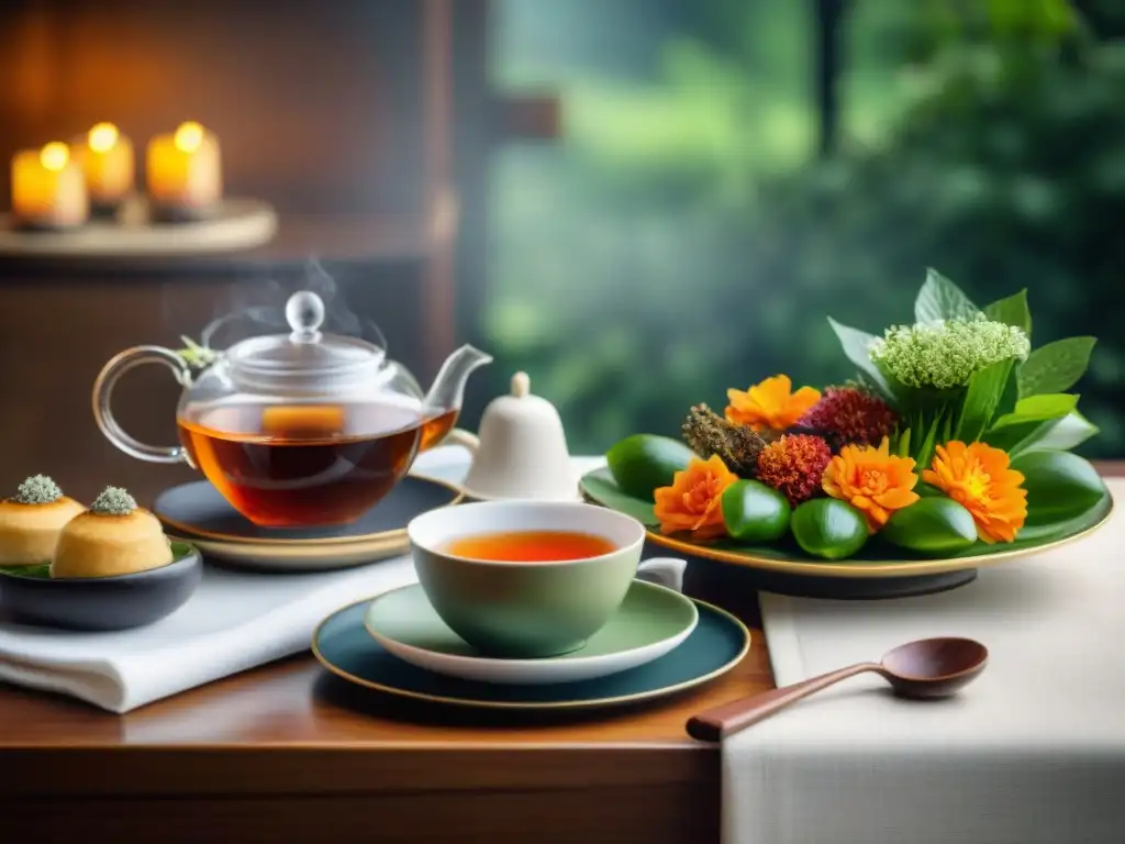 Una mesa exquisitamente decorada con maridaje de té en gastronomía: platos internacionales y tés variados en tazas delicadas