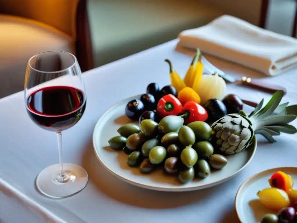 Una mesa exquisitamente decorada con un maridaje de vinos y encurtidos gourmet, bañada por una luz natural suave