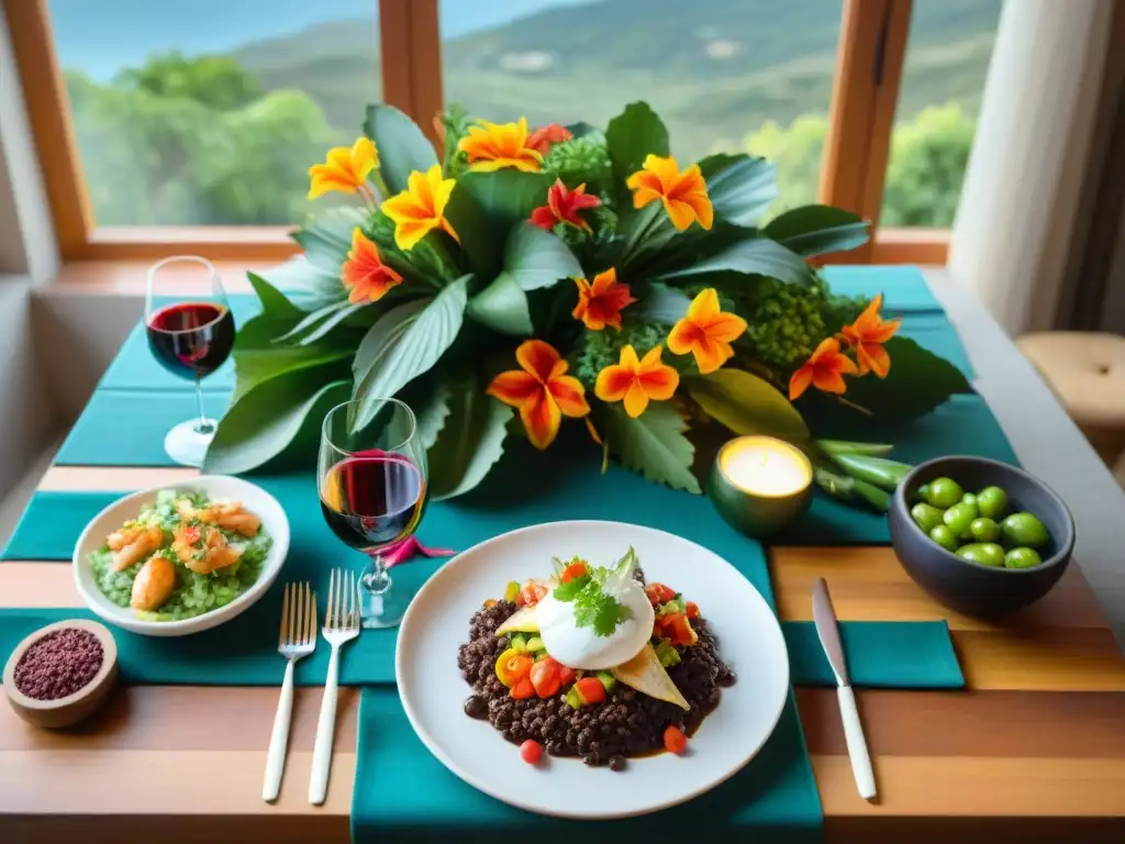 Una mesa exquisitamente decorada con platillos de fusión mexicana y vinos premium