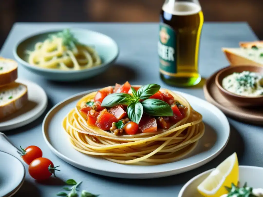 Una mesa bellamente decorada con platillos italianos y cervezas artesanales, ideal para maridaje cervezas platillos italianos