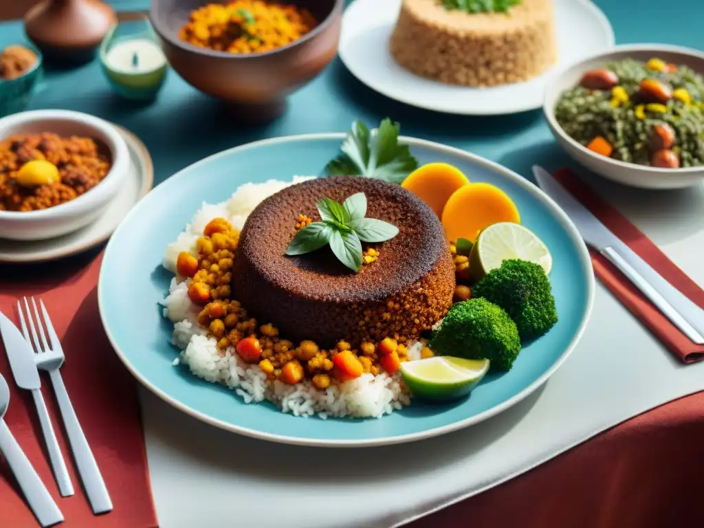 Una mesa exquisitamente decorada con platos africanos coloridos y vibrantes, ideal para una cena gourmet