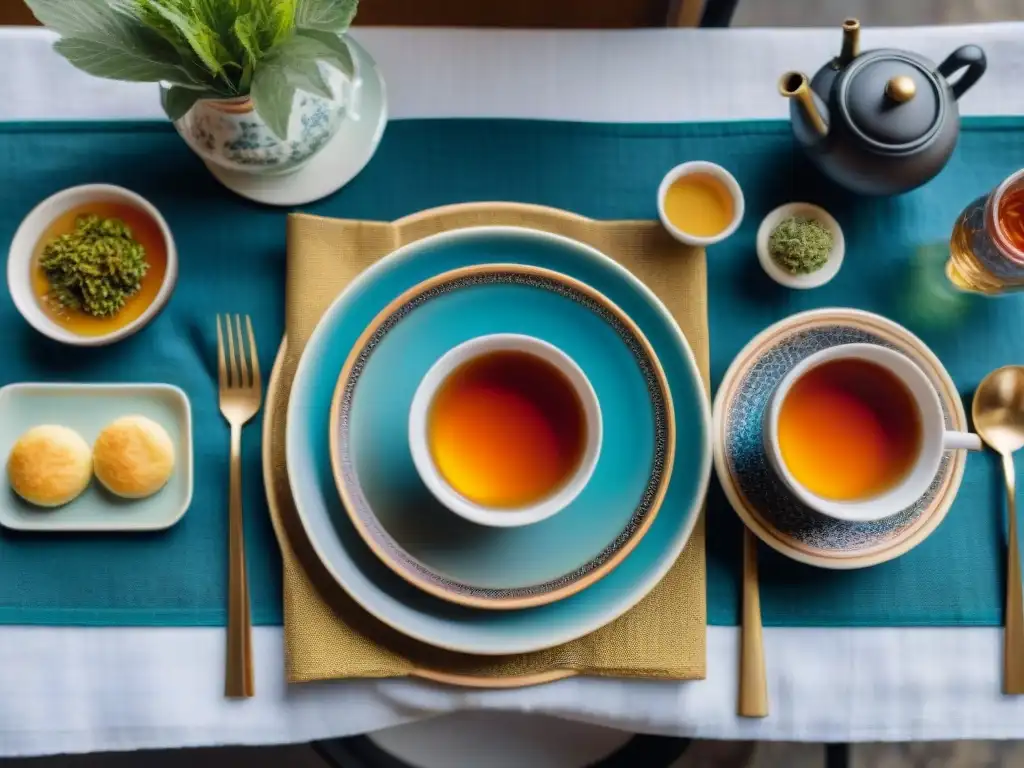 Una mesa elegantemente decorada con platos de cocina internacional y una variedad de tés