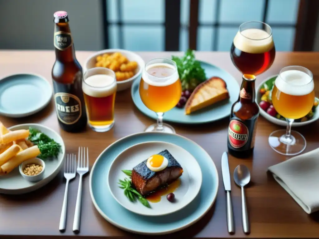 Una mesa elegantemente decorada con platos gourmet y cerveza artesanal maridaje gourmet