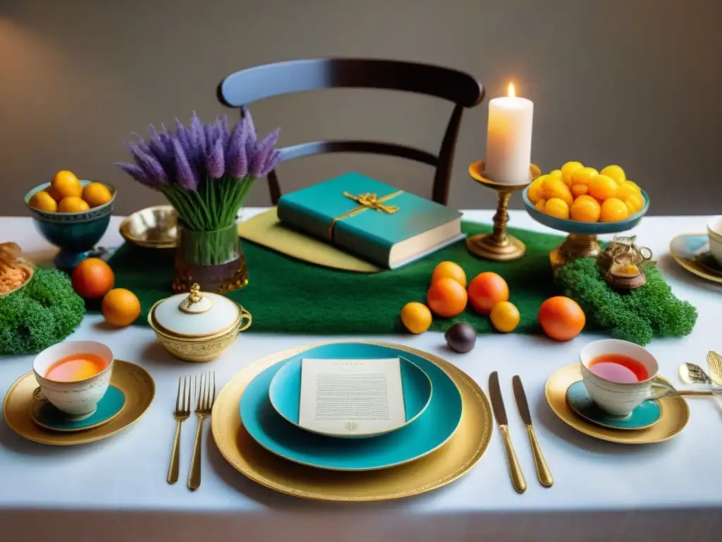 Una mesa exquisitamente decorada con platos inspirados en libros famosos, creando una fusión encantadora de literatura y gastronomía