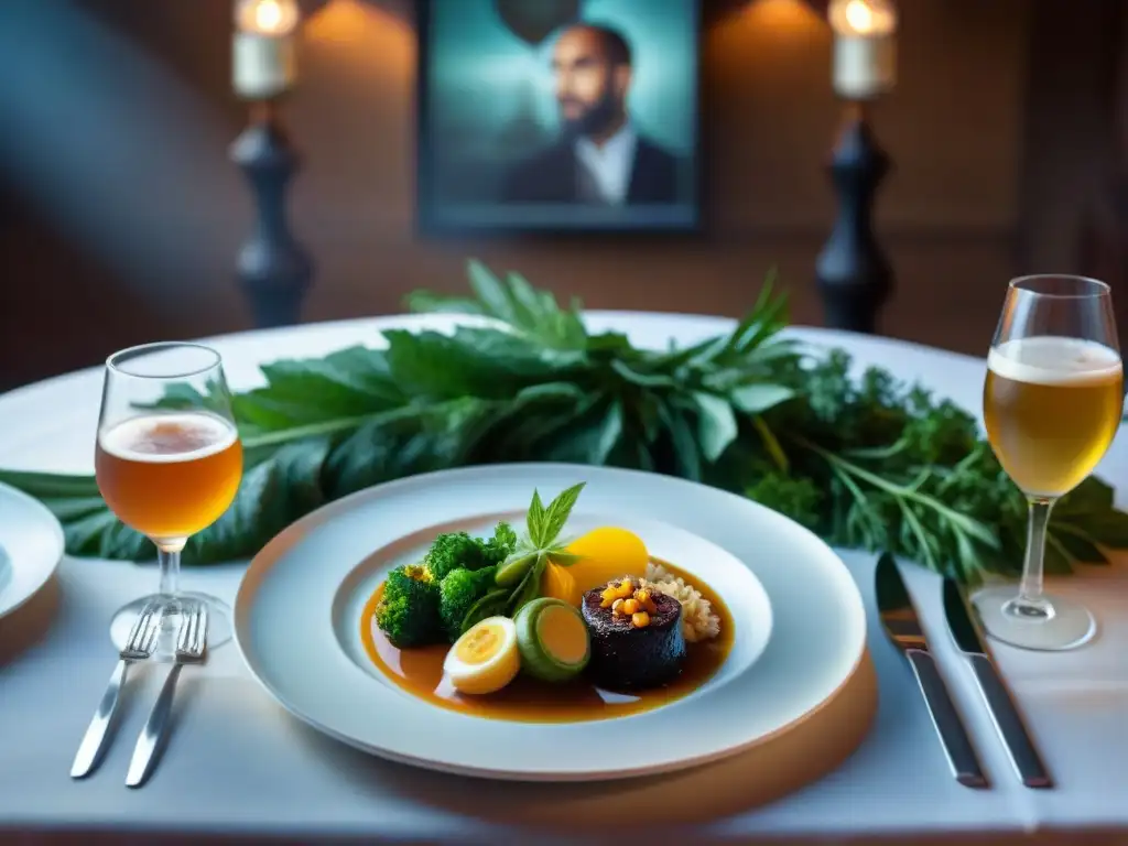 Una mesa elegantemente decorada con platos veganos y cervezas gourmet