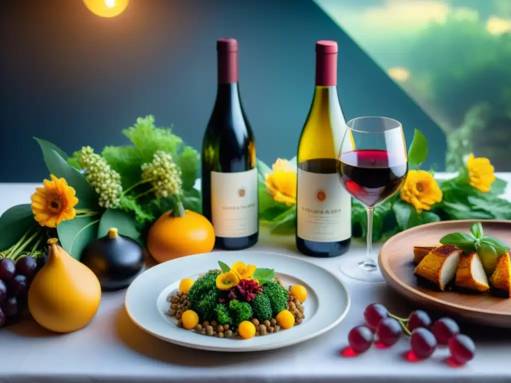 Una mesa exquisitamente decorada con platos veganos y vinos, en una experiencia gourmet