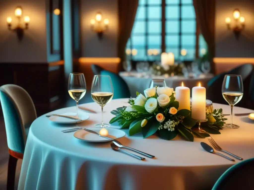 Una mesa elegantemente decorada en un restaurante gourmet, con vajilla fina y cristalería