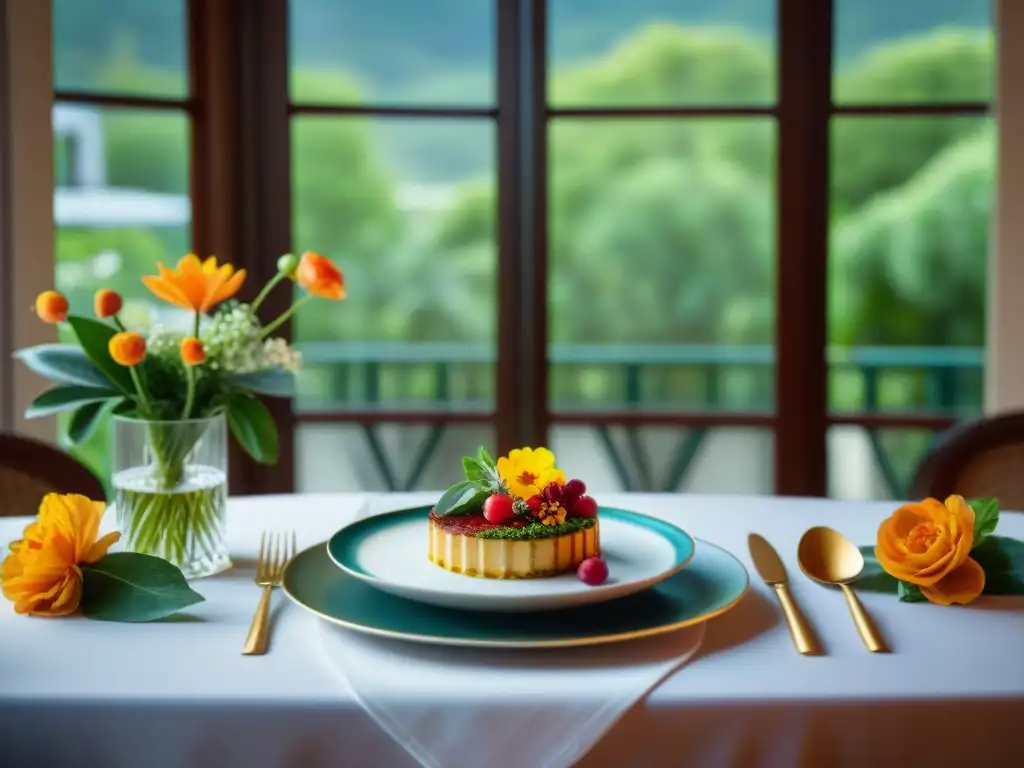 Una mesa exquisitamente decorada en un retiro gastronómico vegano de lujo, con platos coloridos y elegantes detalles