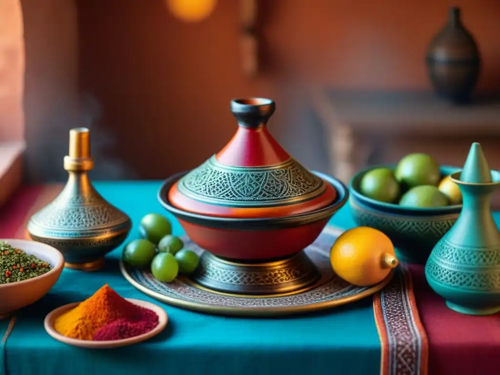 Una mesa bellamente decorada con tagines marroquíes y vinos, receta tagine marroquí especias exóticas